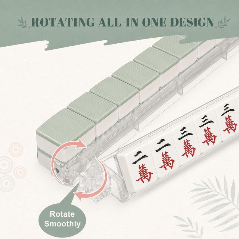 Puede incluir: Un soporte para fichas de Mahjong de pl&aacute;stico transparente con dise&ntilde;o giratorio. El soporte presenta dorsos verde salvia en un lado y fichas blancas con caracteres chinos negros y rojos en el otro. Texto: ROTATING ALL-IN ONE DESIGN y Rotate Smoothly.