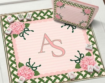 Tapete de Mahjong personalizado con hortensias rosas, decoración de enrejado rosa y verde, regalo de Mahjong para mujeres, mantel antideslizante, se envía enrollado.