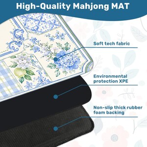 May include: A high-quality Mahjong mat with a floral design in blue and white. The mat features a soft tech fabric, environmental protection XPE, and a non-slip thick rubber foam backing. The text "High-Quality Mahjong MAT" is at the top.
