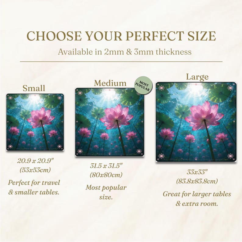 May include: Image showing three square mats with a lotus flower design in varying sizes: 20.9 x 20.9 inches, 31.5 x 31.5 inches, and 33 x 33 inches. Text indicates the mats are available in 2mm and 3mm thickness. The medium size is labeled as the most popular.