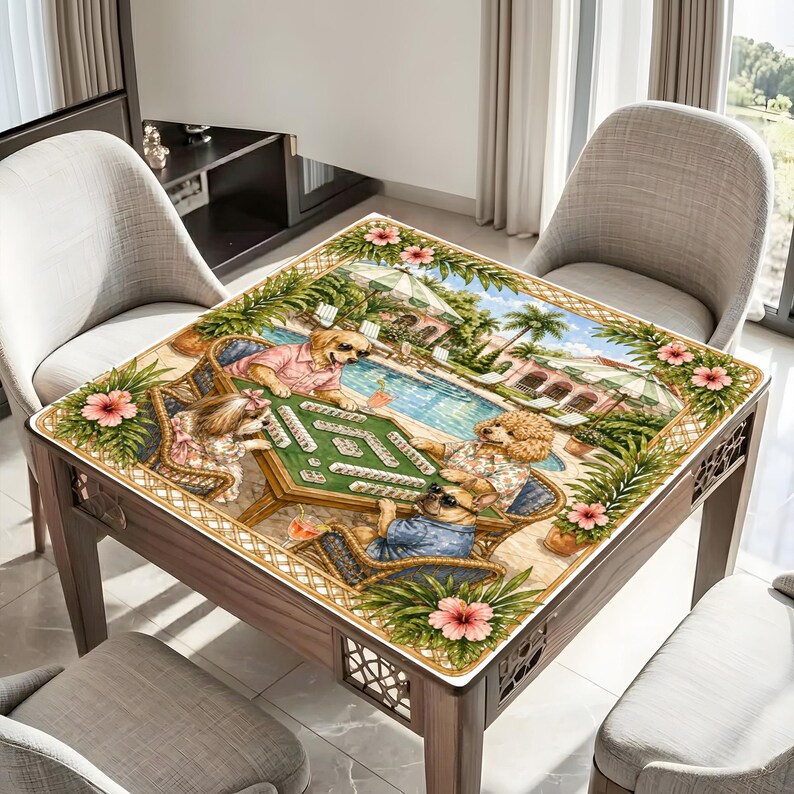 Sommarhund som spelar mahjong, Palm Beach Mahjong Club, konst vid kusten vid poolen, väggdekor med preppy resort-livsstil bild 6