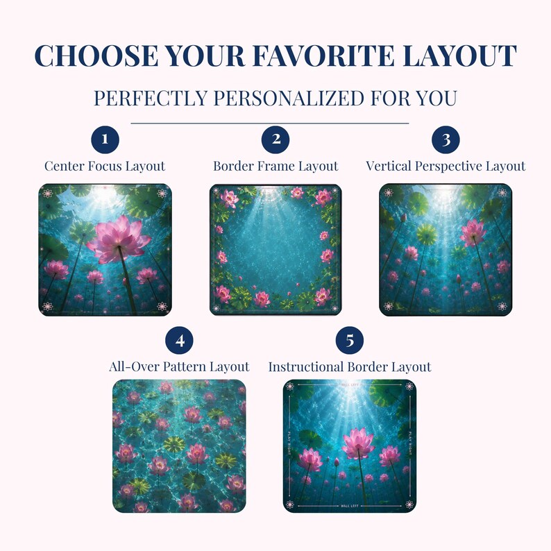 May include: An image with the text "CHOOSE YOUR FAVORITE LAYOUT PERFECTLY PERSONALIZED FOR YOU". The image displays five layout options, each featuring a different design with pink lotus flowers and a blue background.