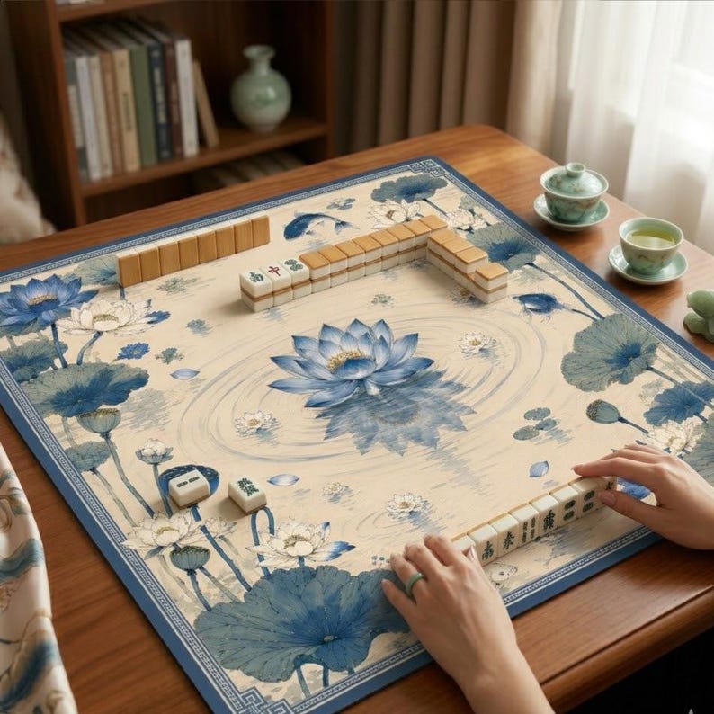 May include: A square mahjong mat featuring a cream-colored surface with a blue lotus flower and lily pad pattern. The mat includes several rows of rectangular mahjong tiles with Chinese characters and symbols arranged on the playing surface.