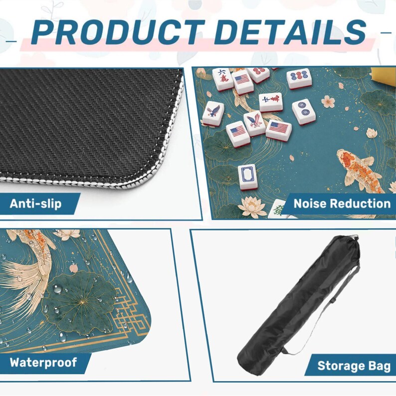 Tapete de Mahjong Koi Lotus, Tapete de Mesa de Mahjong Chinoiserie Verde Azulado, Elegante Regalo de Mahjong Jardín Asiático, Funda Protectora de Mesa Antideslizante, SE ENVÍA ENROLLADO imagen 5