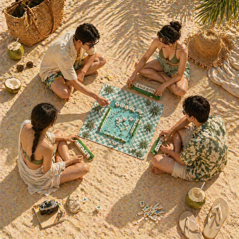 May include: Four people are seated on a sandy beach, playing a game of Mahjong. The game board is square with a turquoise and green design. Palm fronds and beach accessories surround the players, including coconuts, sunglasses, and a straw hat.