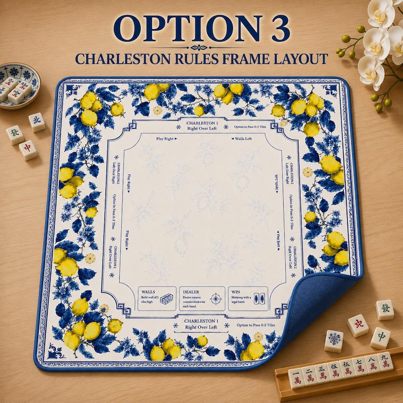 May include: A rectangular Mahjong game mat with a blue border and a white interior. The mat features a blue and yellow lemon and floral design. Text on the mat reads "OPTION 3 CHARLESTON RULES FRAME LAYOUT". Mahjong tiles are visible.