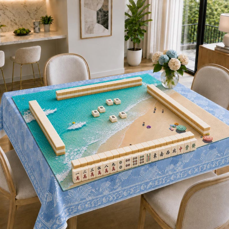 May include: A square mahjong mat featuring a beach scene with turquoise ocean waves and tan sand, topped with rows of cream-colored mahjong tiles. The tiles display black and red Chinese characters and symbols, arranged in a game setup on a table.