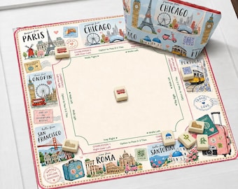 Tapete de mahjong de neopreno con temática de viajes e instrucciones, tapete de mesa de mahjong americano con postales de ciudades del mundo, cubierta de mesa antideslizante, se envía enrollado.