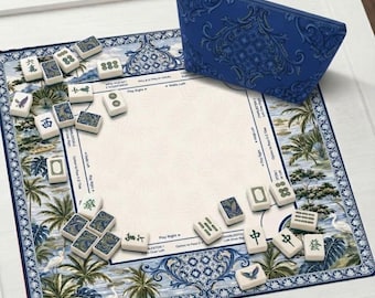 Tapete de Mahjong Tropical Chinoiserie con Instrucciones (Reglas) - Azul American Mah jongg, Funda protectora antideslizante para mesa, SE ENVÍA ENROLLADO