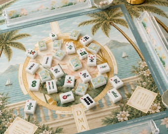 Chinoiserie White Lotus Mahjong Set | 166 Pieces Acrylic Mahjong Tiles, 3 size Mahjong Mat, 4 Racks & 4 Card Holders | Zen Gift