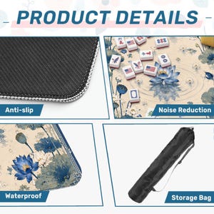 May include: A mahjong mat featuring a blue and white lotus flower pattern, shown with a black anti-slip rubber backing, a noise-reducing surface with mahjong tiles, a waterproof top layer, and a black cylindrical storage bag with a shoulder strap.