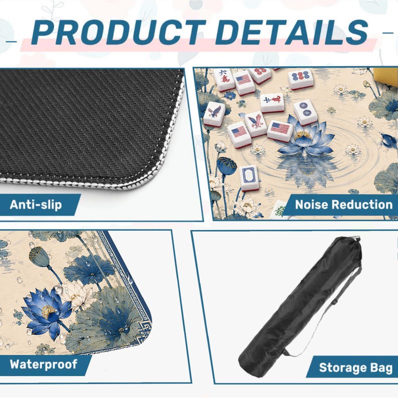 May include: A mahjong mat featuring a blue and white lotus flower pattern, shown with a black anti-slip rubber backing, a noise-reducing surface with mahjong tiles, a waterproof top layer, and a black cylindrical storage bag with a shoulder strap.