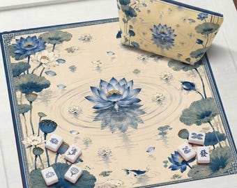 Botanical Zen Mahjong Mat, Tranquil Blue Lotus Design, Noise Reduction Table Protection Cover, SHIPS ROLLED