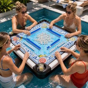 Könnte beinhalten: Vier Personen spielen Mahjong in einem Pool. Der weiße Spieltisch hat ein blaues und weißes Blumenmuster. Die Mahjong-Steine sind weiß mit roten und blauen Markierungen. Die Spieler tragen Sonnenbrillen und Badebekleidung.