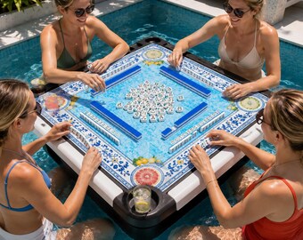 Mediterranean Tile Mahjong Mat, Pool Party Mah Jongg Table Cover, Summer Vibe Game Mat, Blue Yellow Mahjong Gift for Women