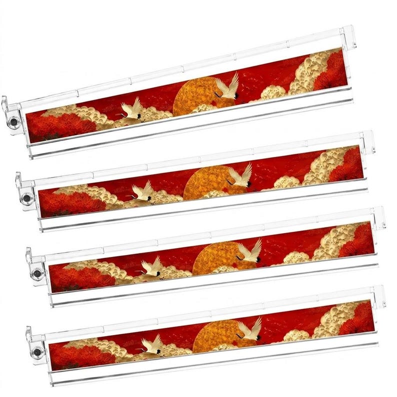 May include: Four clear plastic containers with a red and gold landscape design. The design features a large orange sun, white birds, and gold clouds. The containers have a rectangular shape.