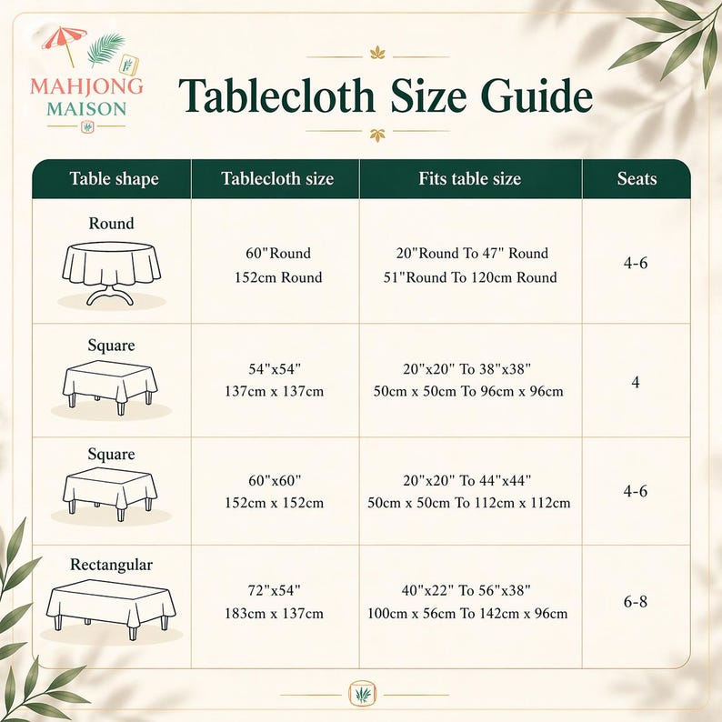 May include: A Mahjong Maison Tablecloth Size Guide chart featuring columns for table shape, tablecloth size in inches and centimeters, fits table size, and seating capacity. The chart includes illustrations for round, square, and rectangular tables.