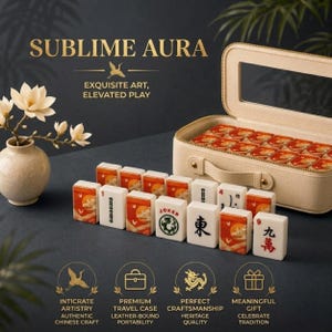 May include: A beige leather-bound travel case with a set of Mahjong tiles. The tiles are white with red and orange designs. The text "SUBLIME AURA" and "EXQUISITE ART, ELEVATED PLAY" are displayed in gold lettering.