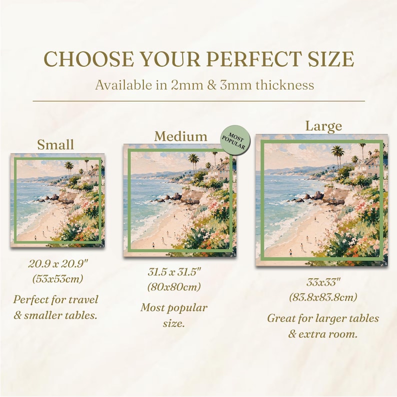 May include: Image showing three square table mats with a beach scene, available in small (20.9 x 20.9 inches), medium (31.5 x 31.5 inches), and large (33 x 33 inches) sizes. The text reads "CHOOSE YOUR PERFECT SIZE".