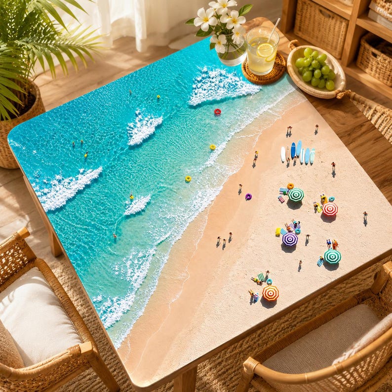 May include: A rectangular table featuring a high-resolution aerial print of a tropical beach scene. The surface displays turquoise ocean water with white foam waves, a sandy shore, and miniature figures of people, surfboards, and umbrellas.