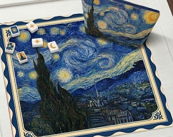 Van Gogh inspirierte Mahjong Matte | Blaue Sternennacht Design | Amerikanisches Mahjong Spielfläche | Rutschfeste Tischschutzhülle, VERSANDGEROLLT