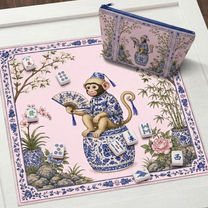 May include: A pink Mahjong game mat and matching cosmetic bag with a blue and white Chinoiserie design. The mat features a monkey illustration, Mahjong tiles, and floral elements. The bag has a zipper closure.