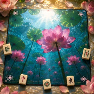May include: A square Mahjong game mat featuring a vibrant underwater scene with pink lotus flowers and green lily pads. Several ivory-colored Mahjong tiles are scattered around the mat. The mat's border has a floral design.