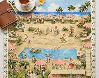May include: A rectangular play mat featuring a watercolor illustration of foxes at a beach resort with palm trees, pink umbrellas, and a swimming pool. The border has a pink and white checkered pattern with a green vine design. Mahjong tiles are present.