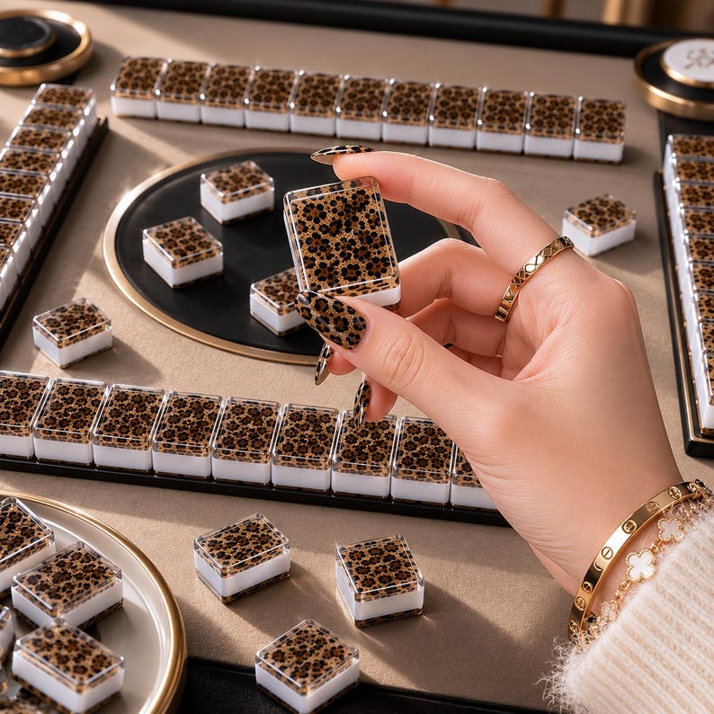 Puede incluir: Fichas de mahjong con dise&ntilde;o de estampado de leopardo, dispuestas sobre una superficie beige. Algunas fichas est&aacute;n en bandejas, otras dispersas. Una mano sostiene una ficha, mostrando el patr&oacute;n. Las fichas tienen una parte superior transparente y laterales blancos.