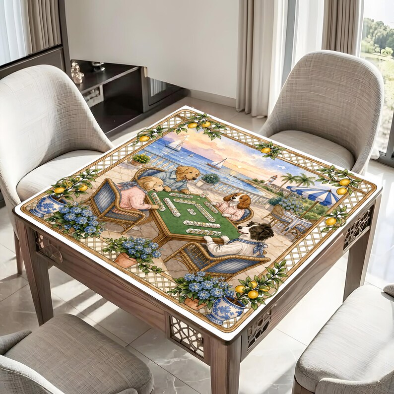 May include: A square wooden table with a decorative top featuring a beach scene with dogs playing mahjong. The table has a light brown finish and is surrounded by chairs. Blue and white floral pots are placed around the table.