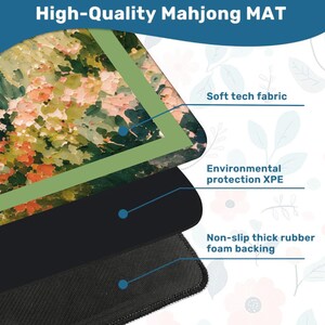 May include: A high-quality Mahjong mat with a colorful floral design. The mat features a soft tech fabric surface, environmental protection XPE, and a non-slip thick rubber foam backing. The text "High-Quality Mahjong MAT" is at the top.