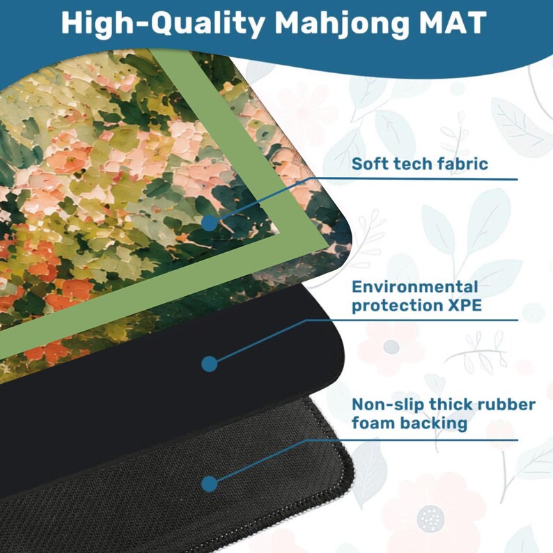 May include: A high-quality Mahjong mat with a colorful floral design. The mat features a soft tech fabric surface, environmental protection XPE, and a non-slip thick rubber foam backing. The text "High-Quality Mahjong MAT" is at the top.