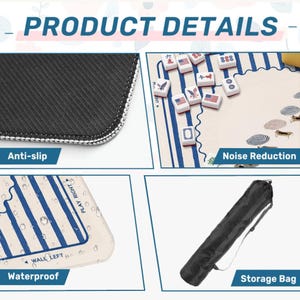 May include: Product details image showing a Mahjong set. Features include an anti-slip surface, noise reduction, and waterproof design. Includes a storage bag for easy transport. The set has tiles with American flag designs.