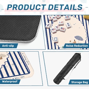 May include: Product details image showing an anti-slip, waterproof game mat with noise reduction. The mat features a beach scene with a striped umbrella and a set of game tiles. A black storage bag is also included.