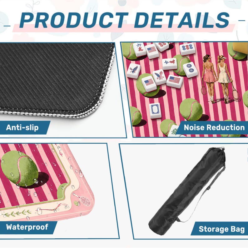 Puede incluir: Una presentaci&oacute;n de producto de varios paneles con un reverso de goma antideslizante negro, una superficie a rayas rosas y blancas con gr&aacute;ficos de pelotas de tenis y jugadoras, un detalle de superficie impermeable y una bolsa negra.