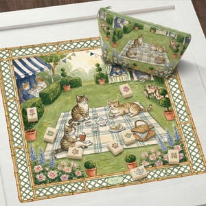 Anpassad katt-mahjongmatta, personliga mahjongtillbehör för husdjursälskare, design av picknickscen