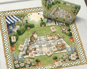 Custom Cat Mahjong Mat, Personalized Pet Lovers Mahjong Accessories, Picnic Scene Design