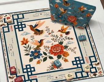 Tapete de Mahjong con diseño de colibrí de estilo chinoiserie e instrucciones (reglas), decoración floral con pájaros, regalo de Mahjong para mujeres, mantel antideslizante, se envía enrollado.