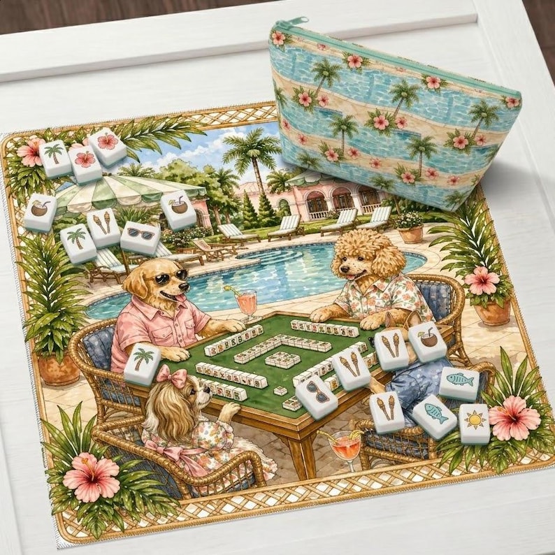 Sommarhund som spelar mahjong, Palm Beach Mahjong Club, konst vid kusten vid poolen, väggdekor med preppy resort-livsstil bild 1