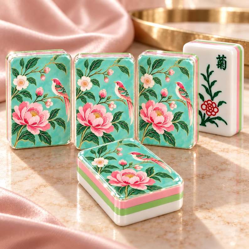 May include: Four rectangular mahjong tiles featuring a teal background with pink peonies, green leaves, and a small bird perched on a branch. One tile displays a black Chinese character above a green and red floral design on a white background.