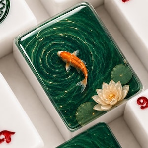 Pu&ograve; includere: Una tessera rettangolare da mahjong con una superficie in resina verde scuro, caratterizzata da un pesce koi arancione tridimensionale che nuota tra le increspature. Un fiore di loto bianco e due piccole ninfee verdi sono posizionati nell'angolo.