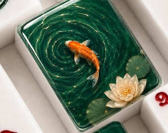 Fichas de Mahjong con diseño de estanque de loto y carpas koi, 3.5 x 2.5 x 1.5 cm, fichas de Mahjong americanas de lujo, regalo de Mahjong de herencia asiática, fichas de Mahjong americanas de primera calidad.