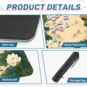 May include: A product detail graphic for a mahjong mat featuring a black anti-slip rubber backing, a beige surface with lotus and mountain illustrations, a waterproof lotus leaf pattern, and a black cylindrical storage bag with a shoulder strap.
