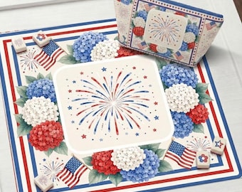 Patriotic Hydrangea Mahjong Mat – Red White Blue Floral Mahjong Table Mat – 4th of July Table Pad – Non-Slip Table Cover, SHIPS ROLLED