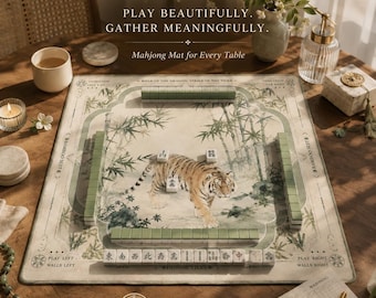 Chinoiserie Tiger Mahjong Mat with Free Bag | Oil-Painted Inspired Decor | Noise Reduction Game Mat | Non-Slip Table Protection Pad