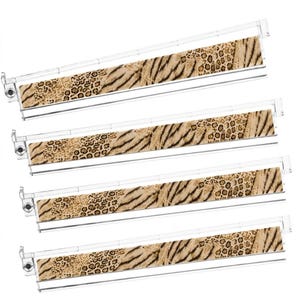May include: Four clear plastic hanging file folder frames featuring a decorative insert with a tan and brown animal print pattern, combining leopard spots and tiger stripes. Each frame includes a top rail and side hooks for suspension.