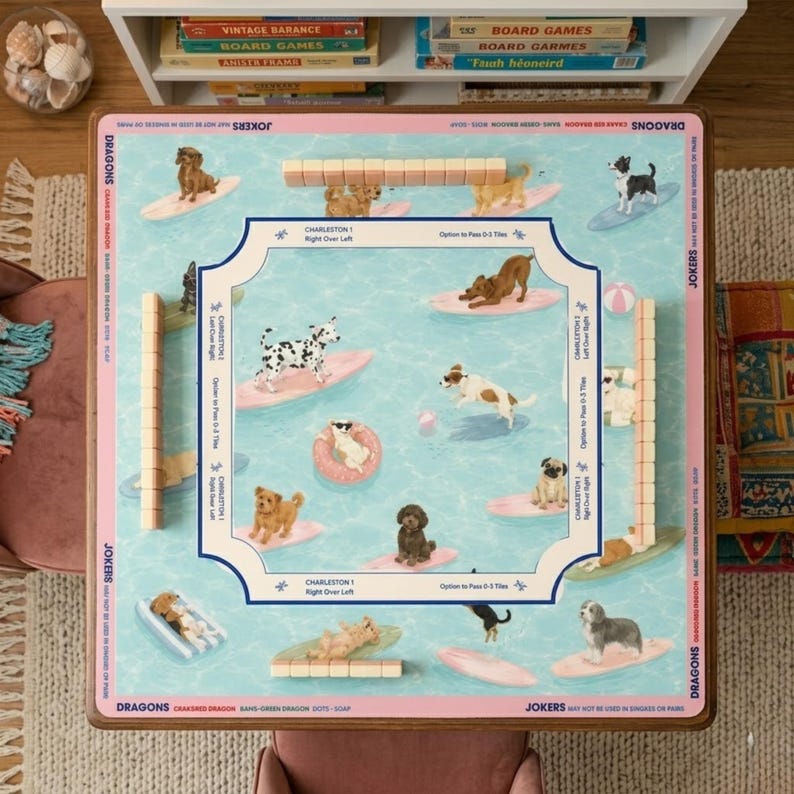 May include: A square board game featuring a light blue pool scene with dogs surfing on pink surfboards. The game board has a pink border and wooden frame. The game pieces are visible on the board. The text "Dragons" and "Jokers" are printed on the board.