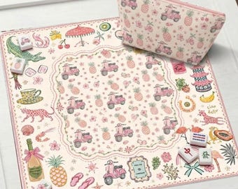 ピンクのリゾート麻雀マット、気まぐれなバケーション麻雀テーブルマット、トロピカルなグランドミレニアル麻雀ギフト、滑り止めテーブルカバー、丸めて発送