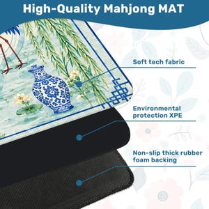 May include: A rectangular Mahjong mat featuring a blue and white porcelain vase, green willow branches, and lotus flowers. The mat is composed of a soft tech fabric top layer, an environmental protection XPE middle layer, and a non-slip thick rubber foam backing.