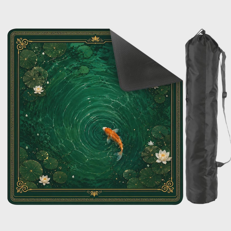 Pu&ograve; includere: Un tappetino quadrato raffigurante uno stagno verde scuro con un pesce koi arancione, ninfee e fiori di loto bianchi, incorniciato da un bordo dorato. Il tappetino &egrave; mostrato con un angolo ripiegato che rivela il retro nero e una borsa nera.